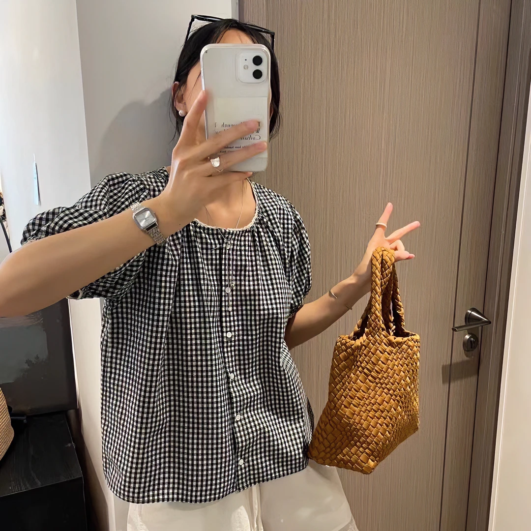 「格子花边 短袖衬衫」100%棉透气小衫 夏季宽松显瘦小众衬衣86504
