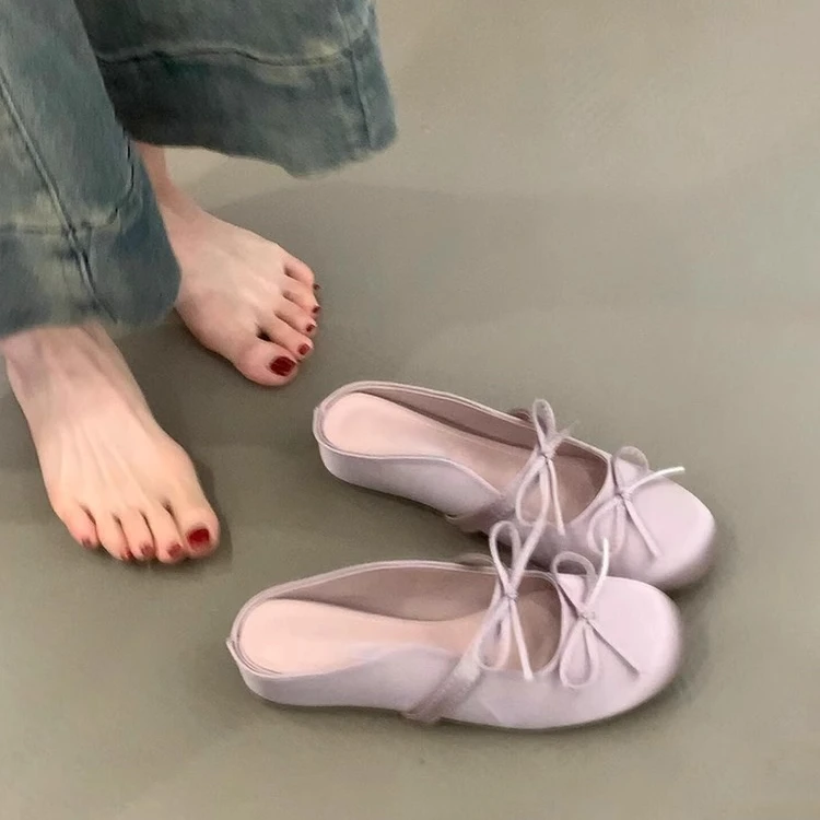 法式爆款内增高平底舒适包头凉鞋蝴蝶结一字带绸缎面圆头半拖鞋女