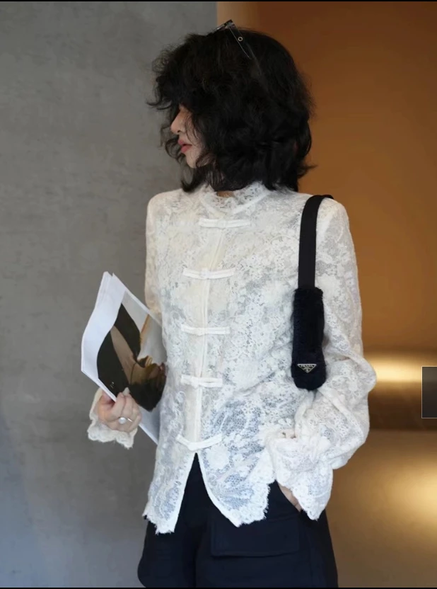 国风重工钩花蕾丝盘扣立领长袖衬衫 5807