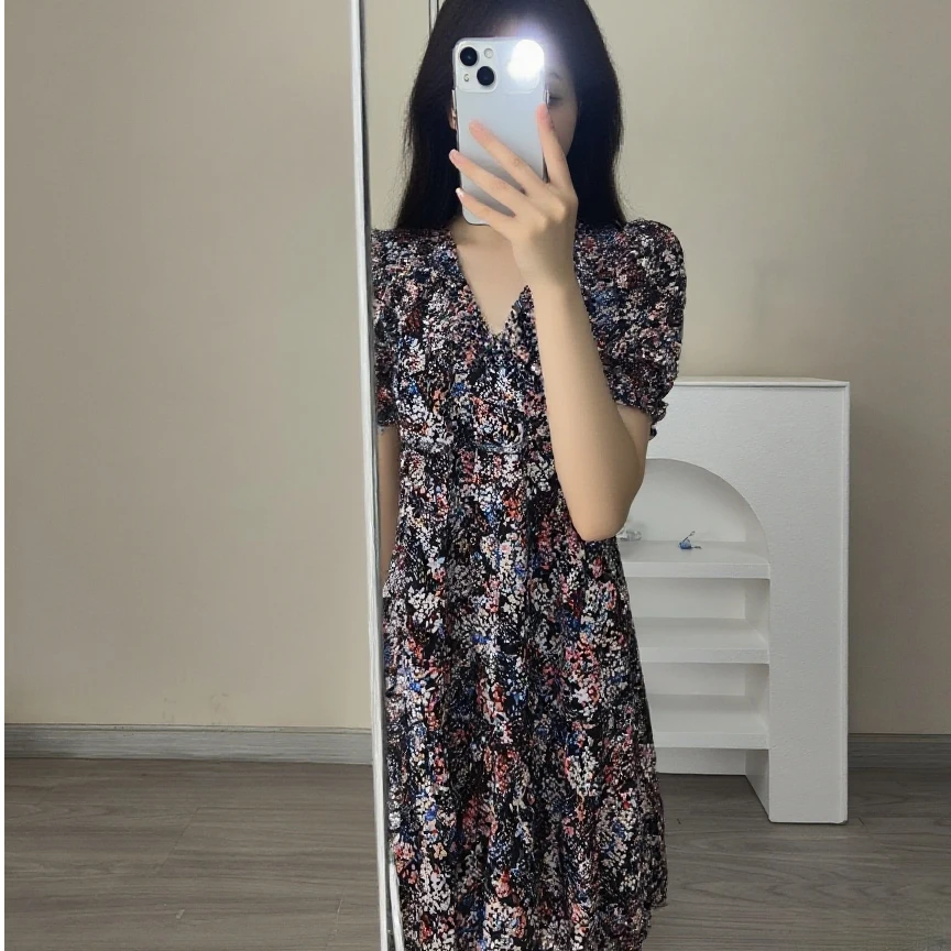 碎花高腰中腰长款袖连衣裙复古女装韩版大气质休闲圆领透气轻薄