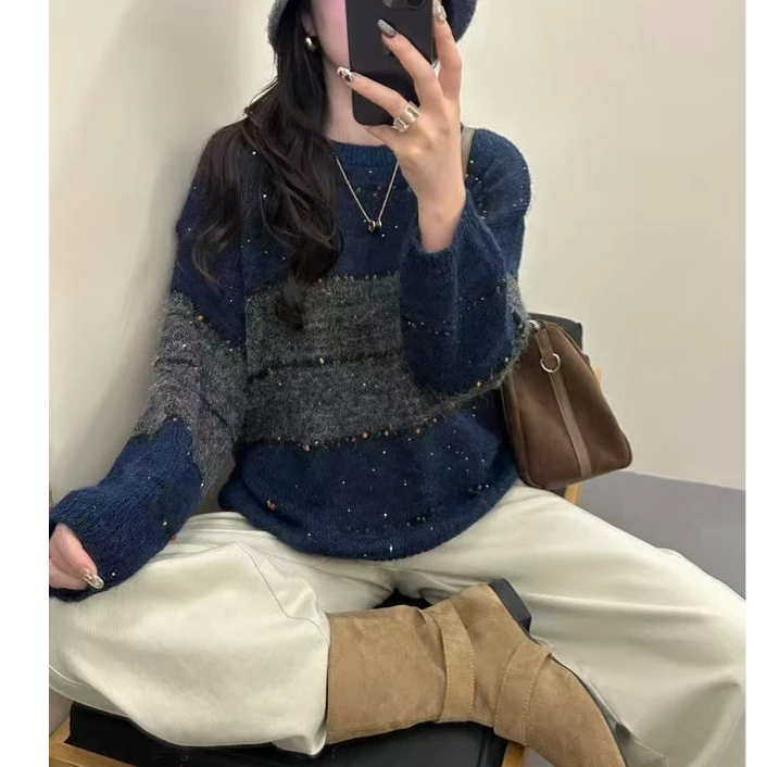 【蓝眼泪】花纱彩点宽松慵懒风拼色条纹大领口针织套头外搭