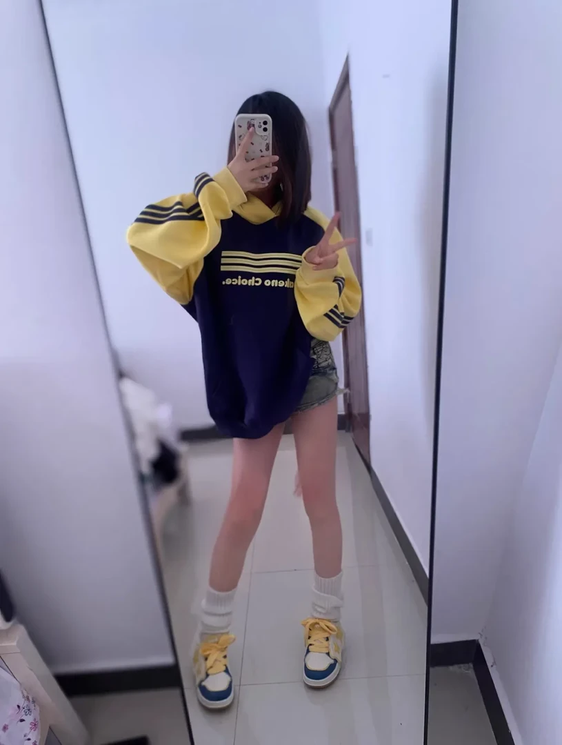 美式复古港风撞色插肩连帽卫衣女春秋小个子休闲秋冬加绒外套上衣