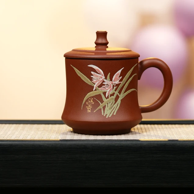 赵掌柜紫砂  底槽清盖杯 泥绘 幽香黄色