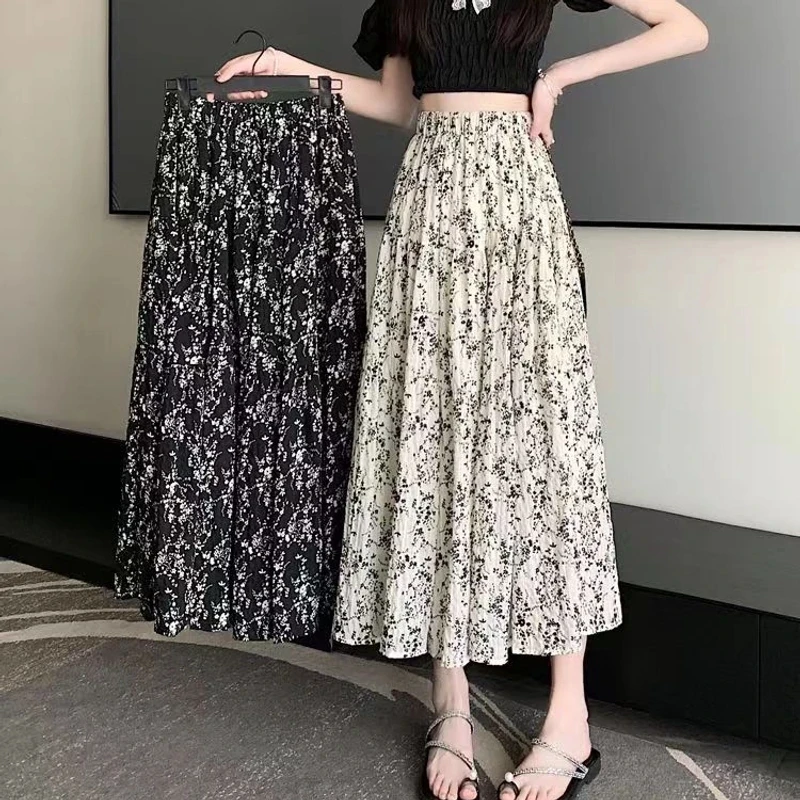碎花雪纺褶皱松紧半身裙女春夏韩版显瘦A字中长裙时尚高腰2025新