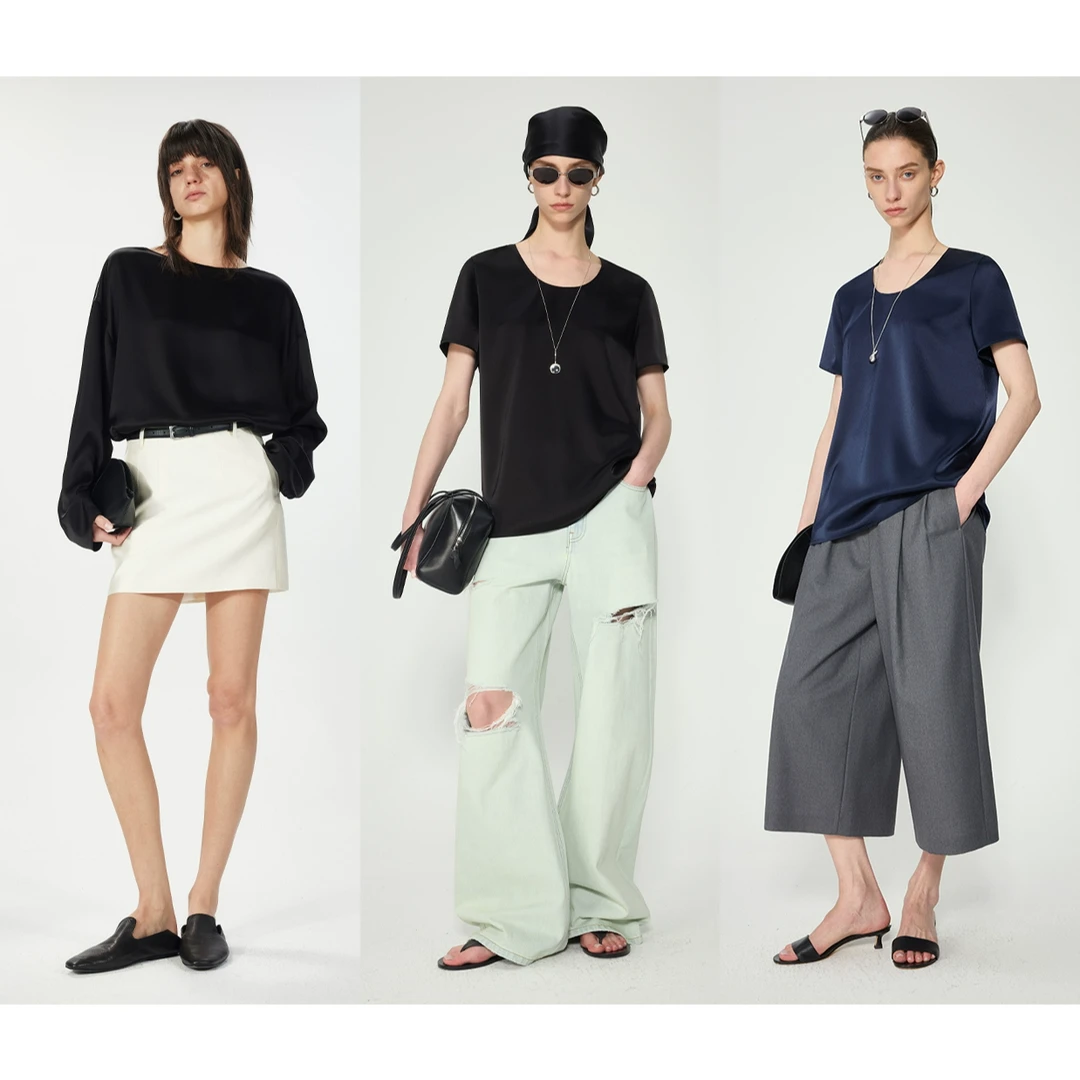 开间/强推千金衫 日本三醋酸凉感双面缎鎏光垂感一字领长短袖上衣