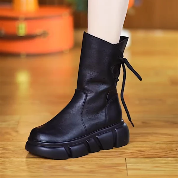 【万达撤柜】中筒加厚保暖马丁靴女2025秋冬新款时尚绑带加棉潮流