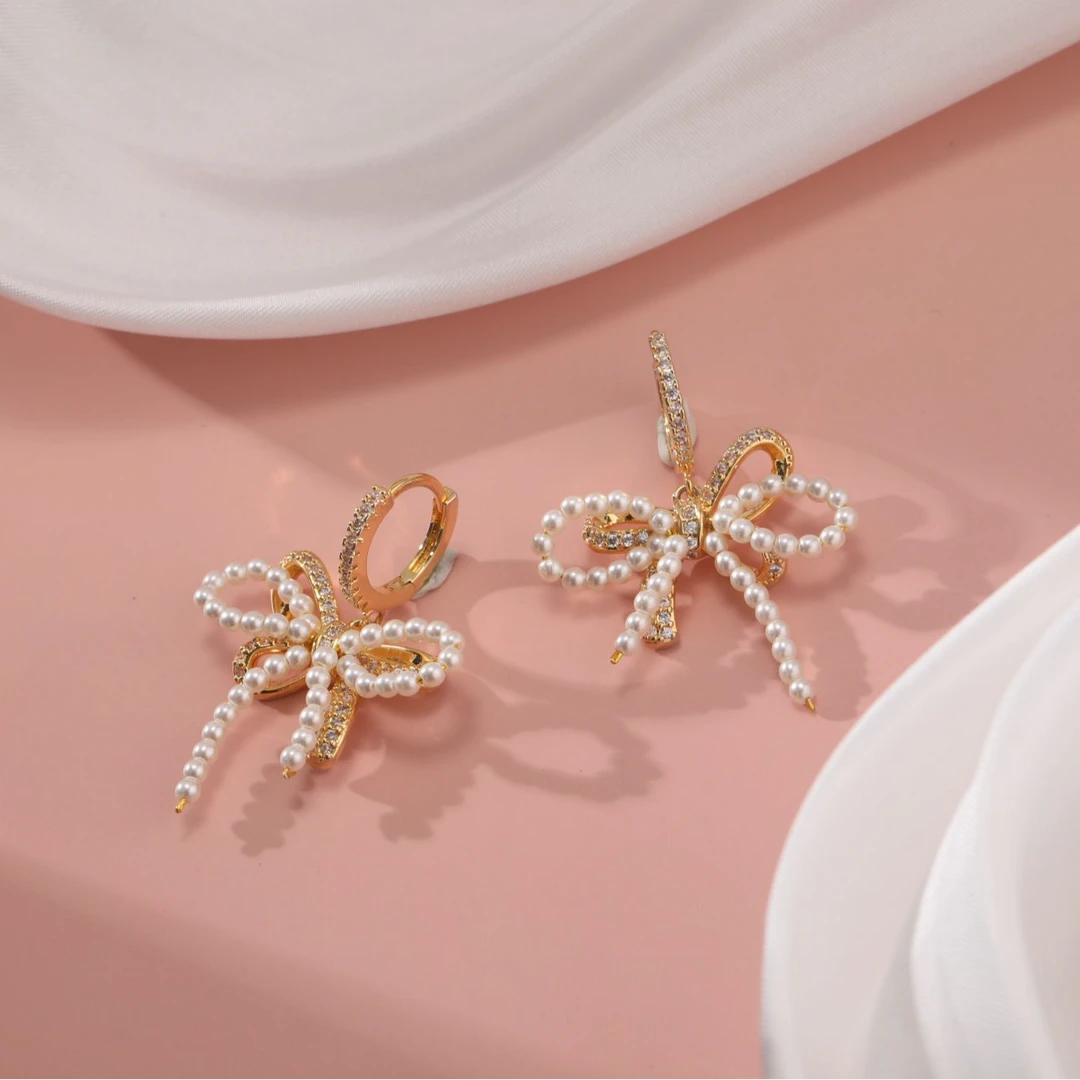 铜合金锆石耳饰 经典珠珠耳环 百搭手工串珠蝴蝶结耳饰耳坠耳环