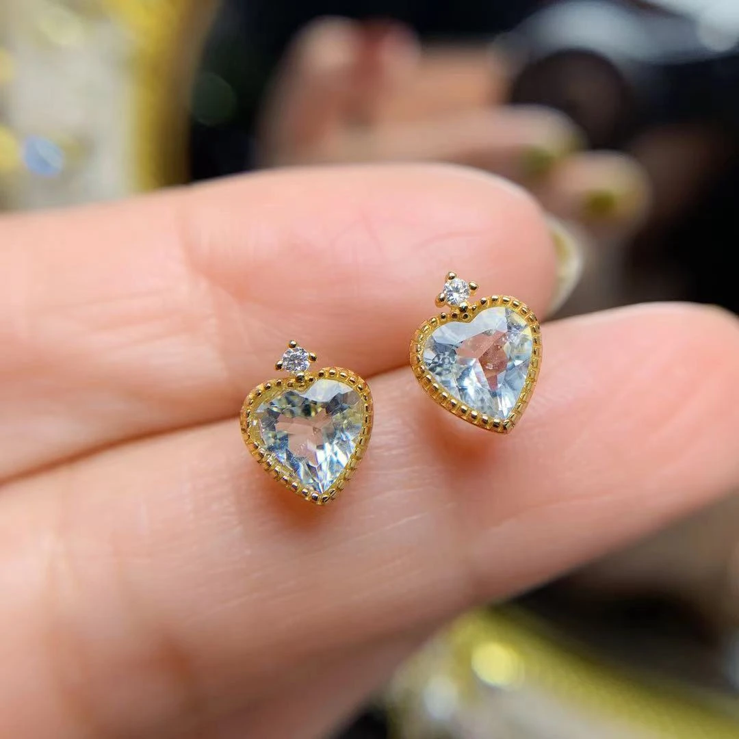 天然海蓝宝简约心形925银镶嵌耳饰耳钉订婚简单