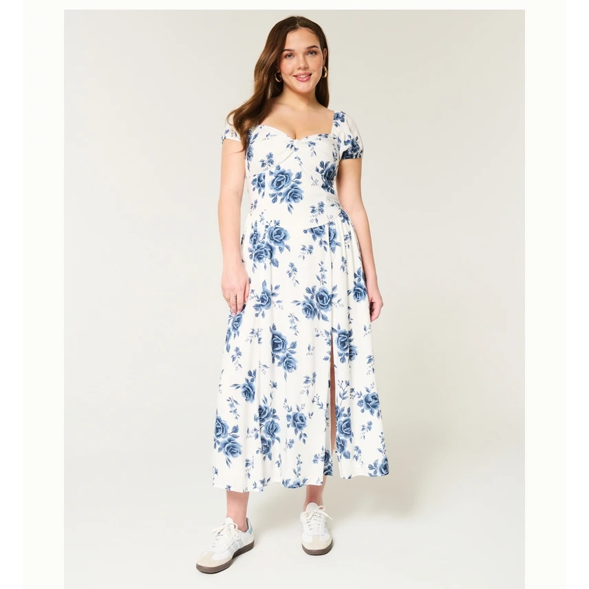 合并Hollister25春美式辣妹开衩泡泡袖连衣裙长裙女装KI359-5081