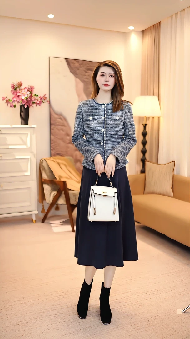 小香风轻奢中长款秋冬季圆领中长裙X型连衣裙显瘦 86112