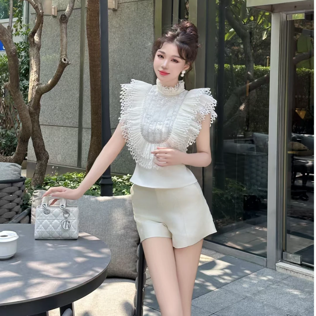 设计师款温柔女夏印花开叉洋气减龄白色上衣91621