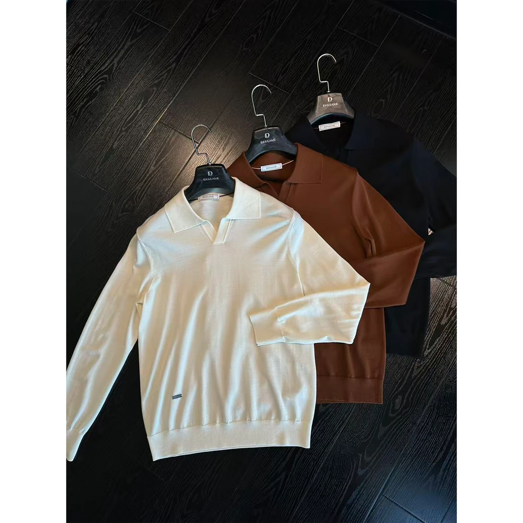 DAN LANG 385# 100%羊毛剪刀领长袖Polo衫