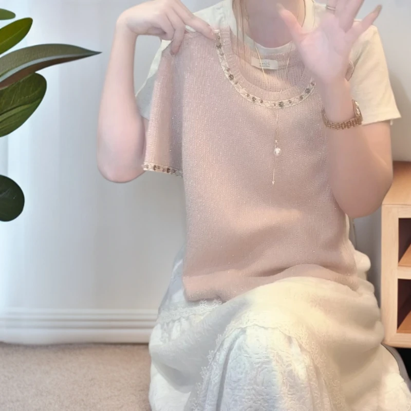 夏季新款拼接气质设计感重工别致粉色圆领短袖T恤女装C5823