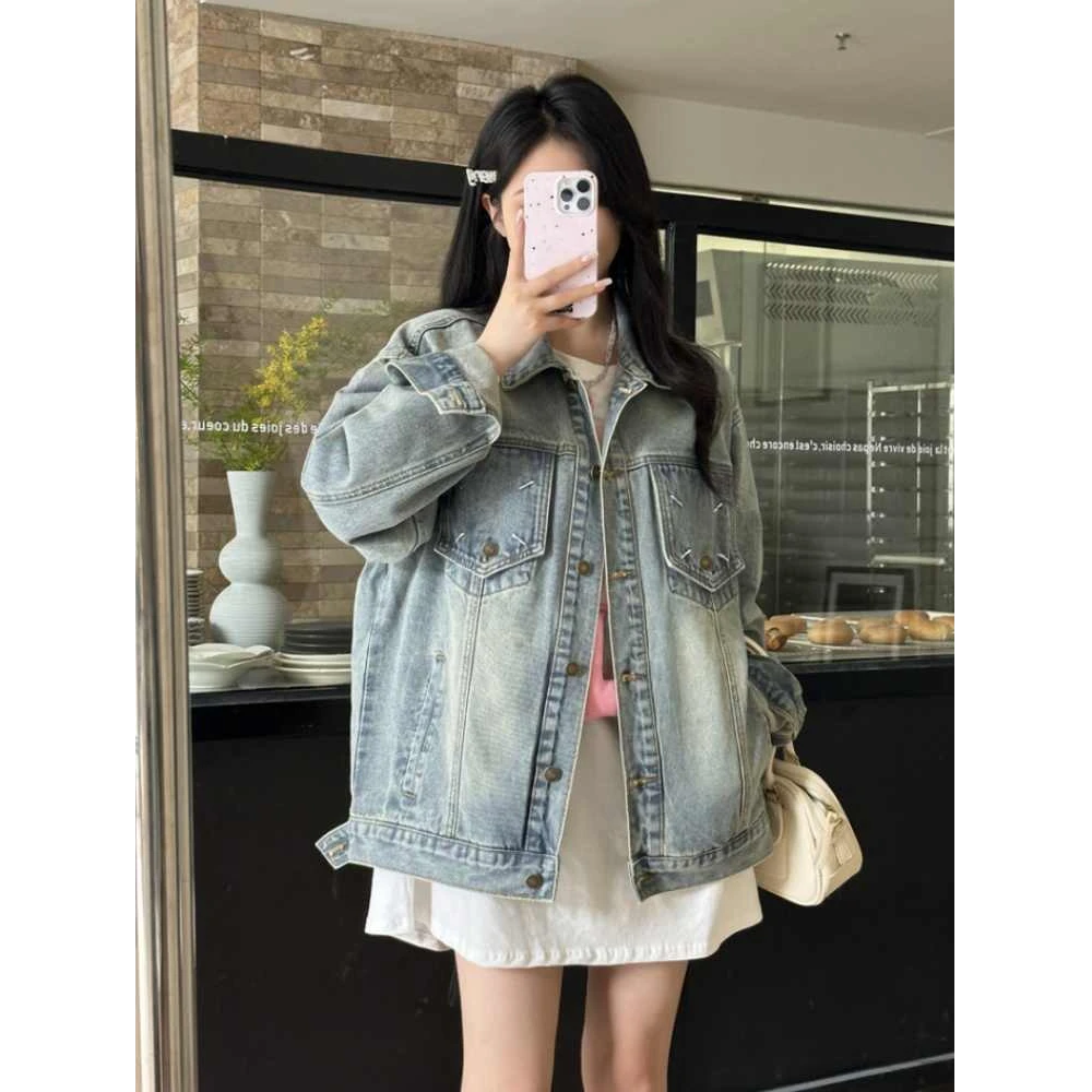 韩版复古宽松牛仔外套女春季2025新款浅色百搭翻领设计感夹克上衣