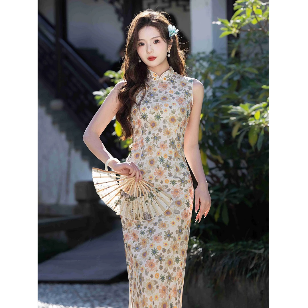 【恋花】椿屿旗袍2025春夏新款无袖少女风印花修身改良旗袍连衣裙