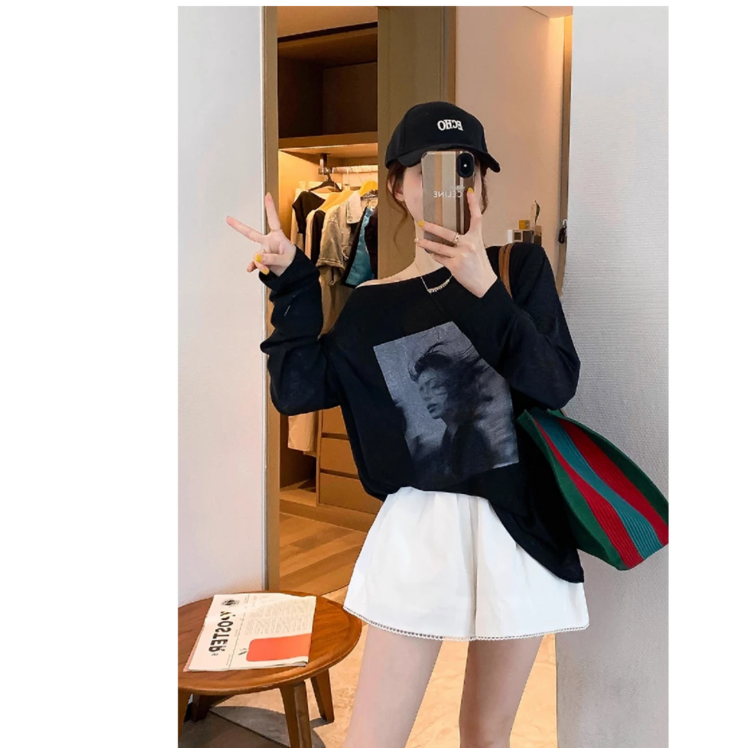 斜领长袖卡通印花T恤女2025夏季新款宽松百搭薄款 小个子百搭上衣