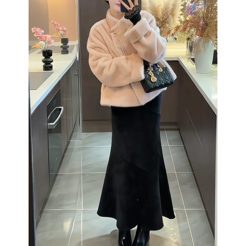 新中式套装女装新款独特漂亮冬装厚外套鱼尾裙超火穿搭一整两件套