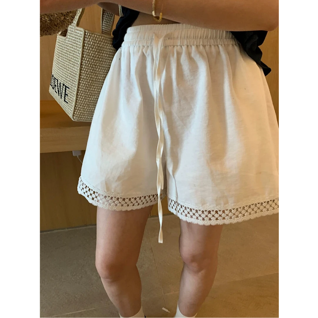 度假风简约设计感蕾丝花边抽绳阔腿短裤女夏季宽松显瘦百搭休闲裤