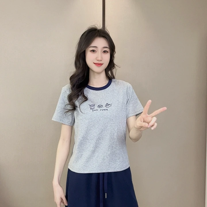 刺绣小狗撞色领子短袖T恤时尚休闲百搭夏季显瘦圆领简约透气韩版