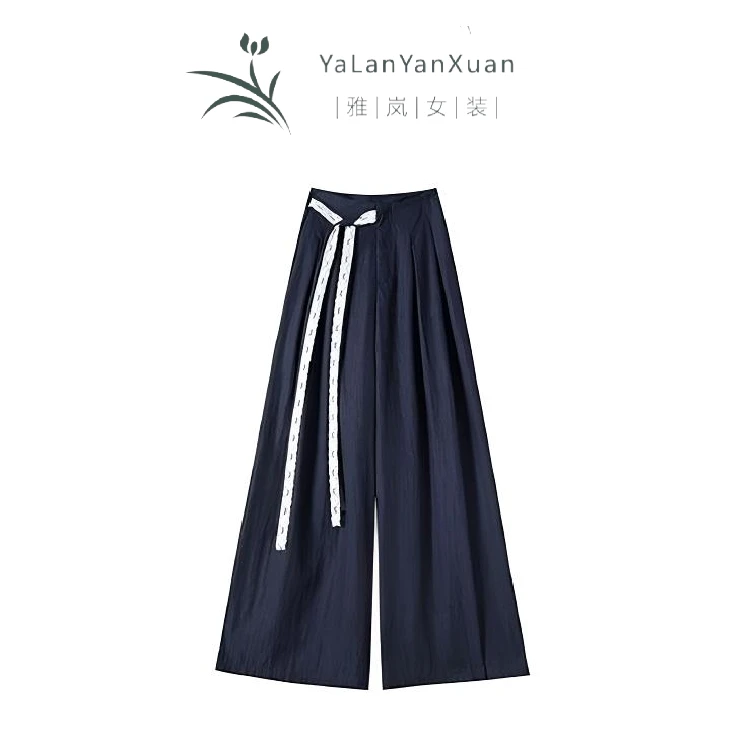 【雅岚女装】时尚洋气显瘦蕾丝飘带阔腿裤休闲春季新款冰棉高腰宽松