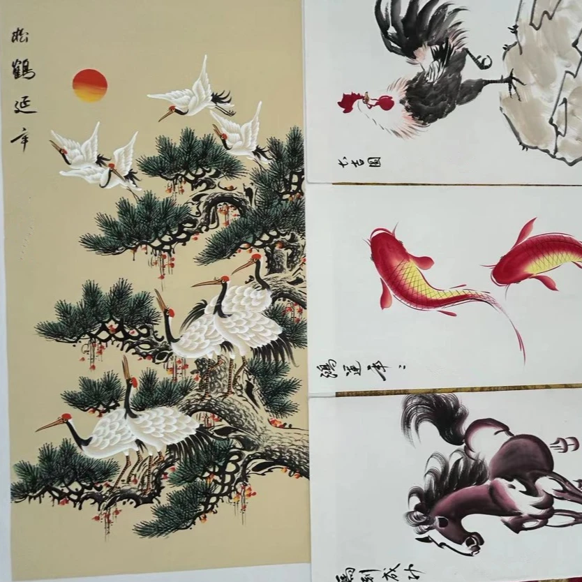 郭春雷国画作品四尺宣纸松鹤延年+三尺（大吉图+鸿运年年+马）