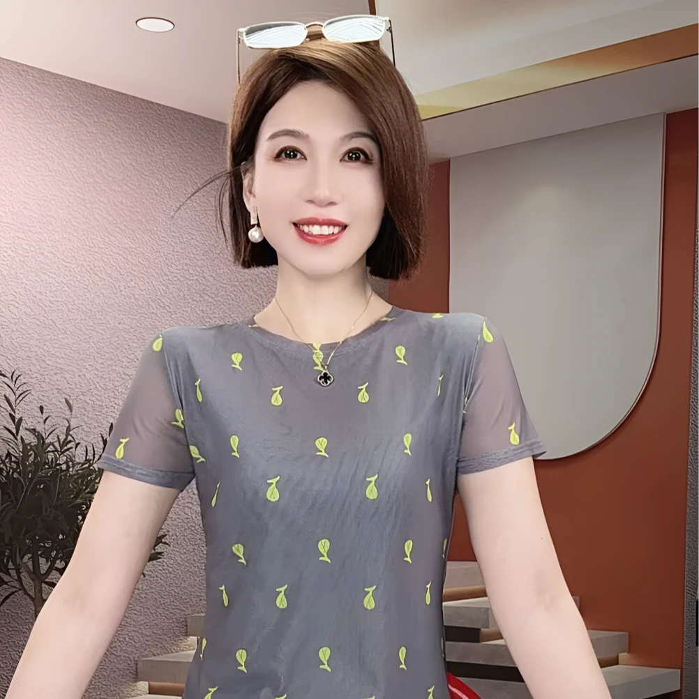 睿萌女装高级灰色印花短袖T恤女夏纱网时尚减龄修身弹力短款上衣