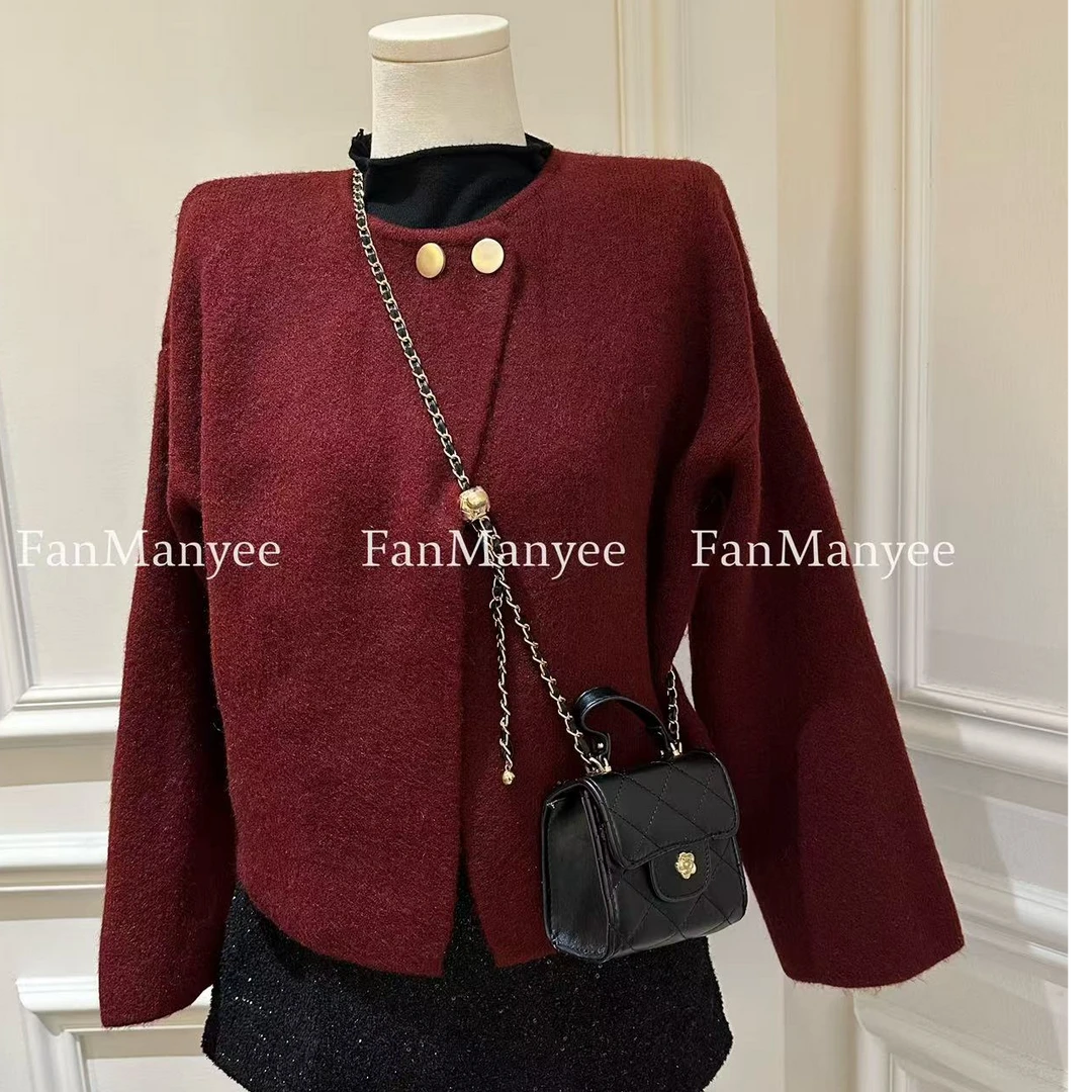 【俏皮千金】冬季韩版新年战袍两粒扣毛衣红色毛衣外套x