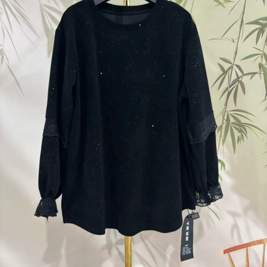 -448A-灯笼长袖打底衫T恤女春秋款高级设计感蕾丝拼接上衣