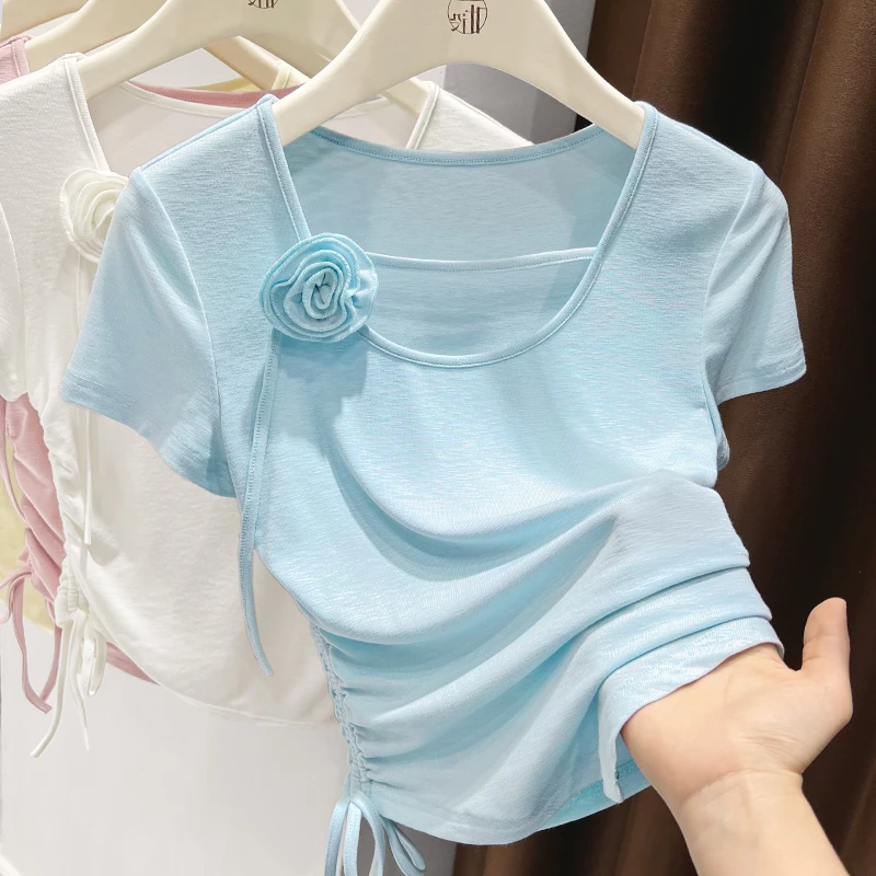 蓝色正肩大U领针织短袖T恤夏季薄款韩版抽绳下摆花朵上衣修身打底