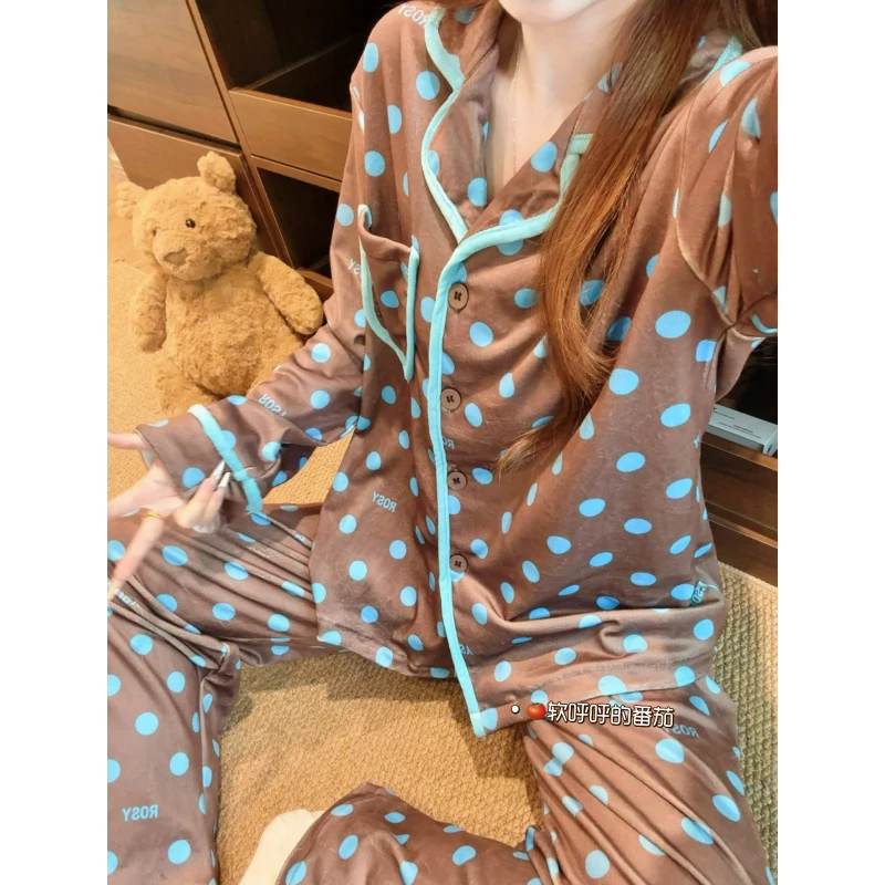 栗栗波点｜海岛绒秋冬季睡衣女ins休闲宽松开衫家居服两件套套装