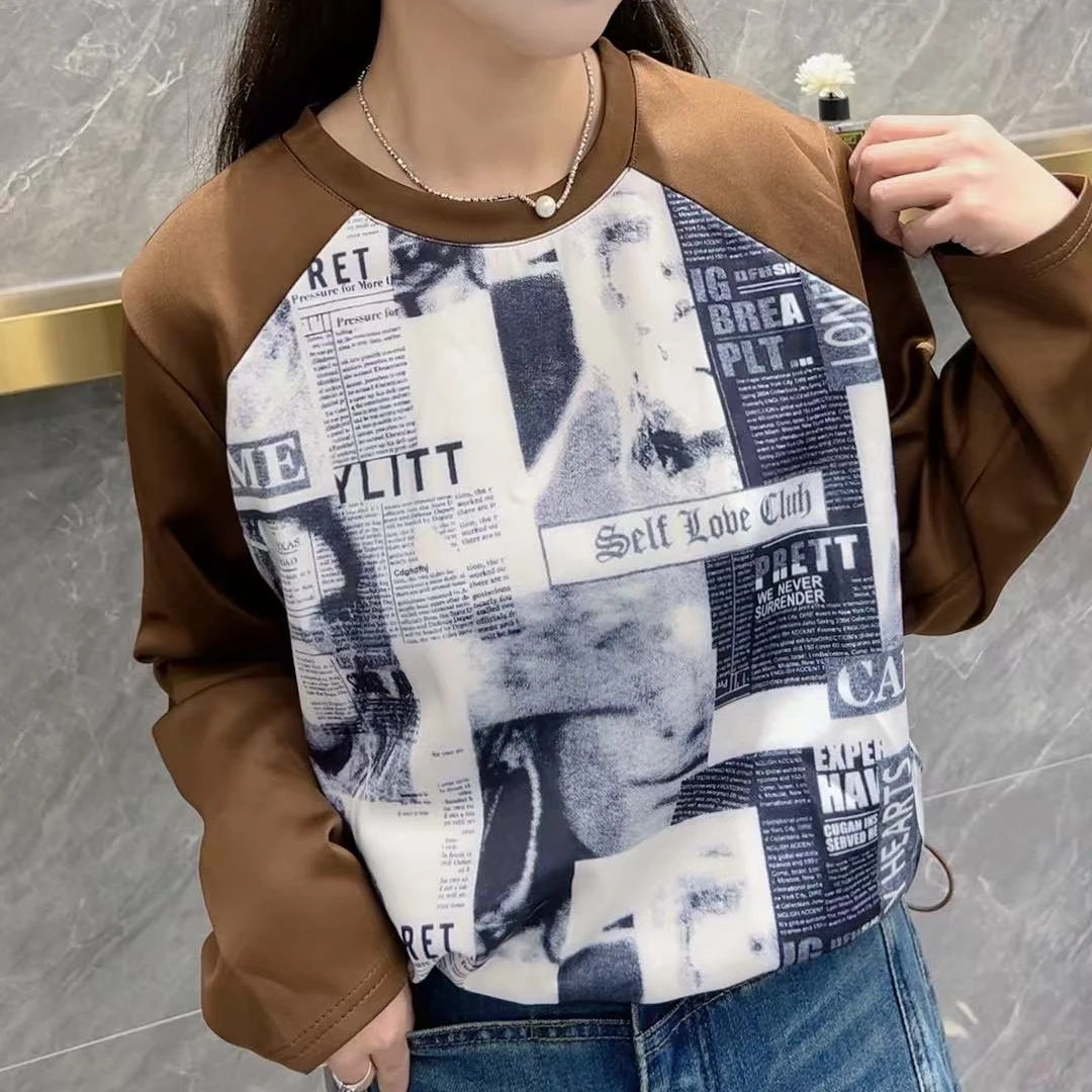 2025春款美式街头风画报印花长袖T恤宽松休闲抽绳短款卫衣韩版
