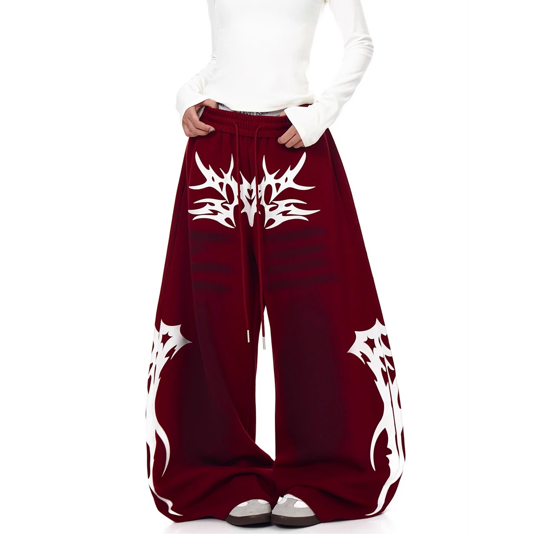 美式复古脏脏做旧图腾印花弯刀卫裤男女潮牌宽松阔腿裤