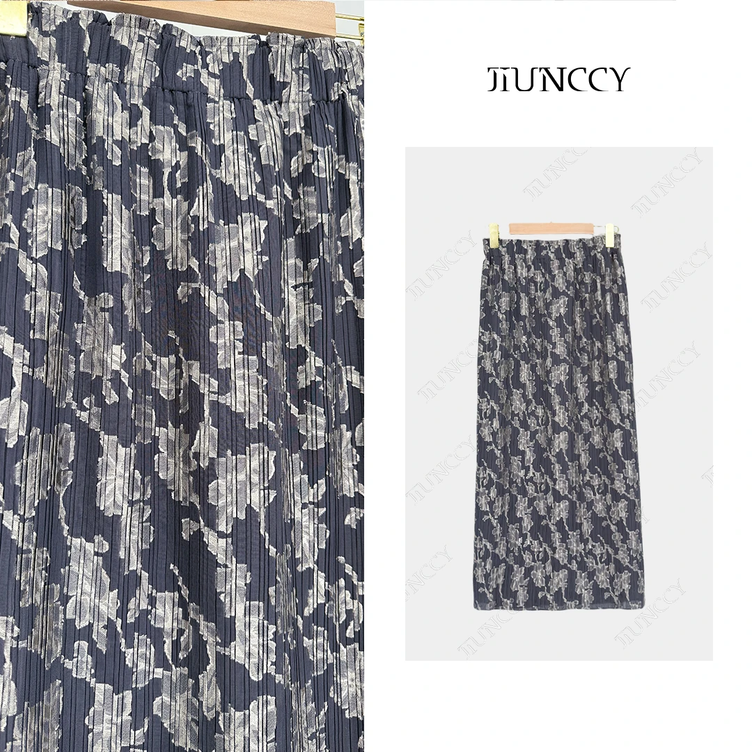 JIUNCCY【青瓷】双色提花定制三宅褶皱松紧腰直筒半身裙 52YBQ003