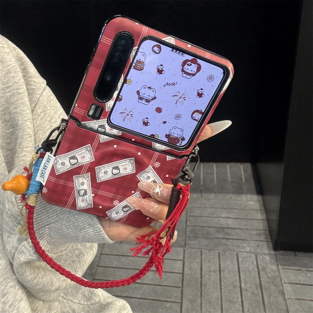 适用华为purax折叠屏手机壳红色皮质pocket2格纹美元钞票kt猫手绳