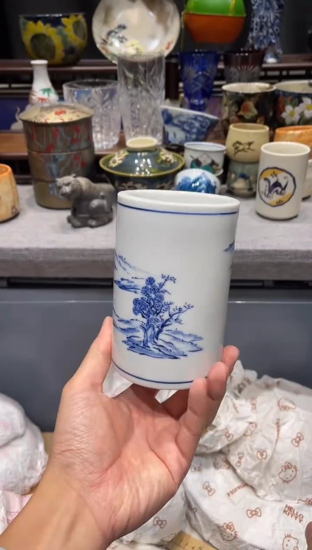 瓷片青花笔筒笔筒