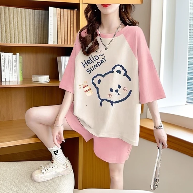时尚撞色小熊印花休闲运动套装女夏季新款洋气宽松显瘦显白两件套