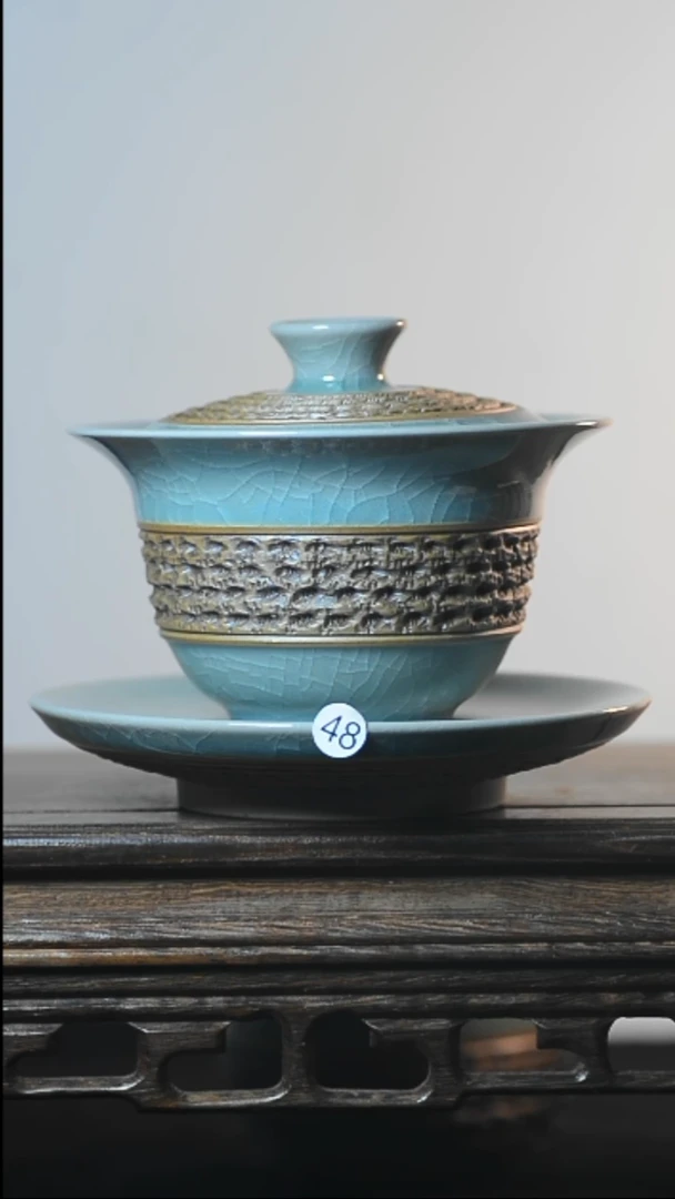 48号手工跳刀三才盖碗全品清凉寺汝瓷