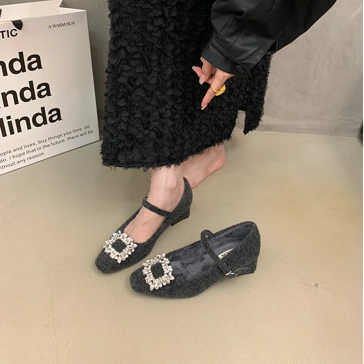 水钻毛毛鞋女冬季加绒保暖棉鞋呢子单鞋法式晚风仙女粗跟玛丽珍鞋