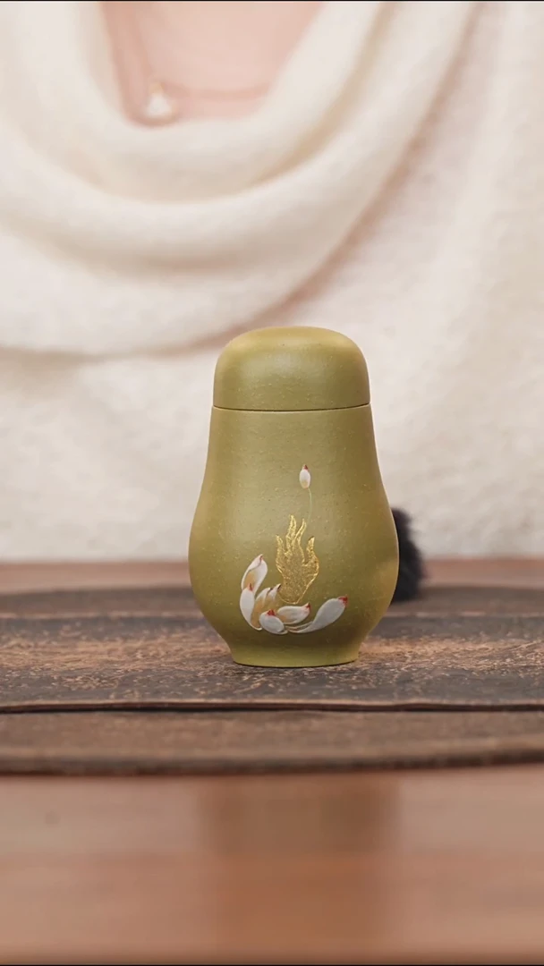 紫砂茶叶罐豆青泥泥绘荷花宝瓶罐