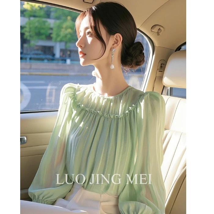 SS82绿色雪纺长袖衬衫女高级感减龄洋气通勤韩系小众独特别致上衣