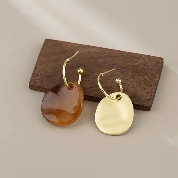 合金树脂耳饰 金色琥珀色AB款叶片耳环