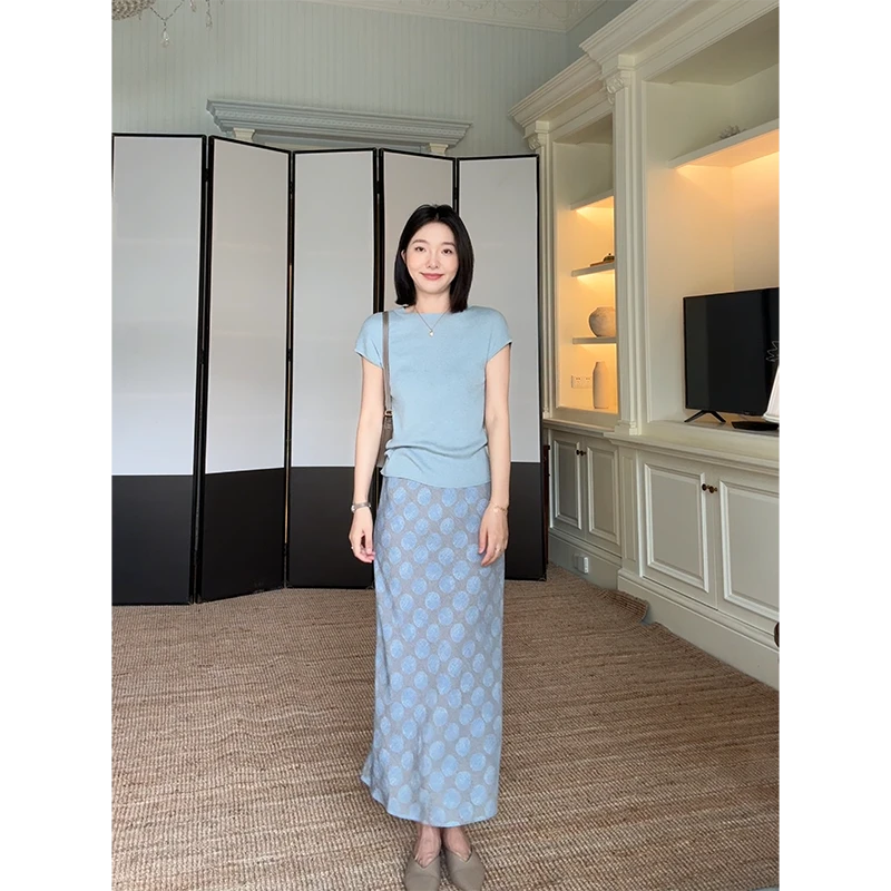 郭九九呢 亚麻气质开叉斜裁半身裙简约显瘦针织短袖 G925G09049