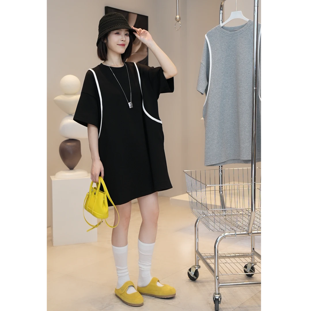 现货【YUE YUE】大码夏季短袖连衣裙宽松中长T恤裙D297
