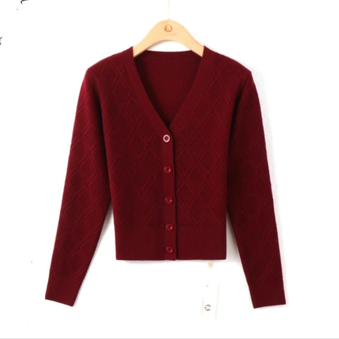 秋季女毛针织衫红色圆领针织开衫复古薄雾少女风