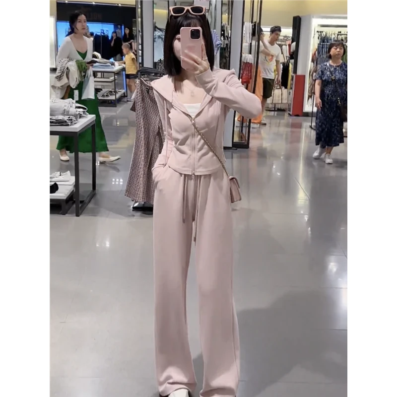 2025秋季新款女高级感长袖连帽卫衣外套高腰阔腿裤休闲运动两件套