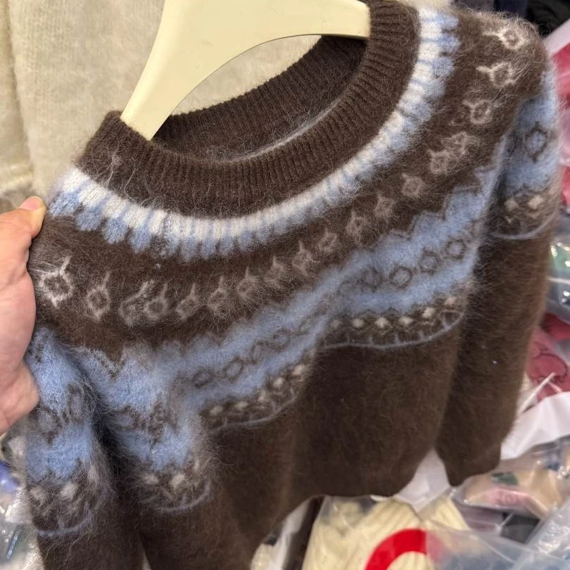 T3103 焦糖花生 费尔岛提花毛衣秋冬新款复古毛套头针织衫