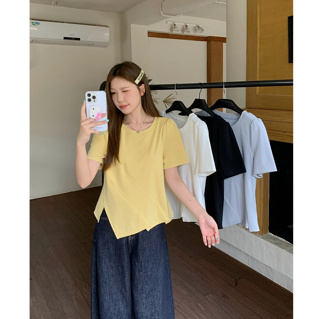 【涵胖胖】清2025夏季百搭气质圆领短袖t恤不规则显瘦上衣64595