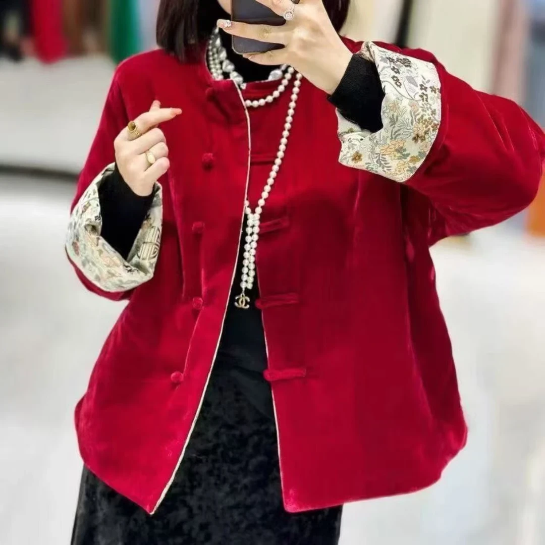 冬季新款外套女时尚显瘦网红复古红色中式中国风ins民族风立领