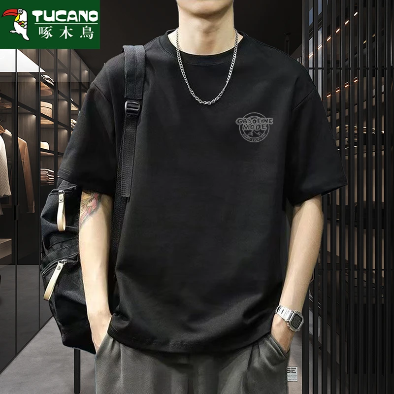 啄木鸟2025新款纯色纯棉短袖t恤男女夏季美式潮牌宽松半袖体恤衫