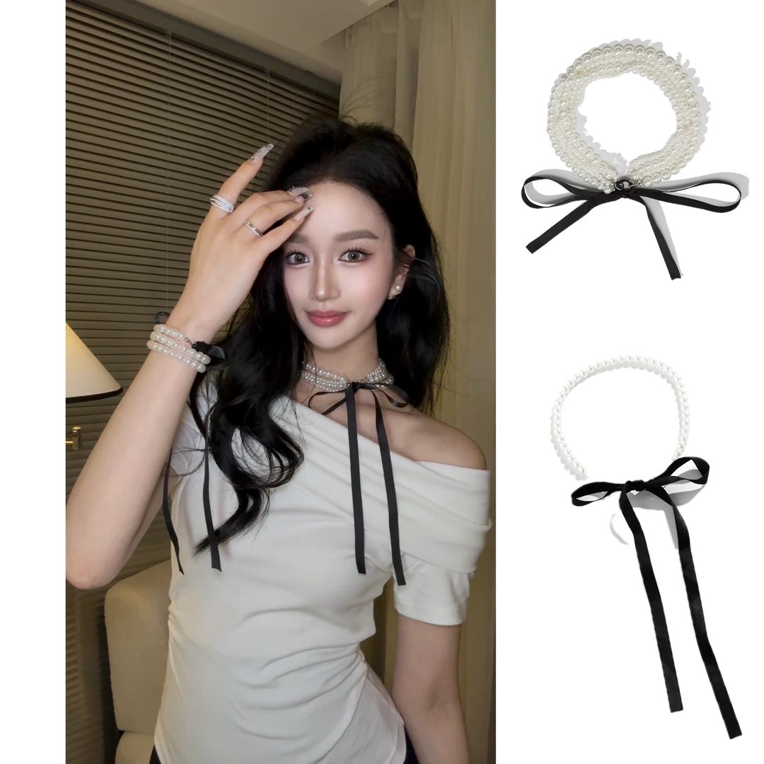 非金属仿珍珠项链 多种戴法法式黑色蝴蝶结珠珠项链气质锁骨链